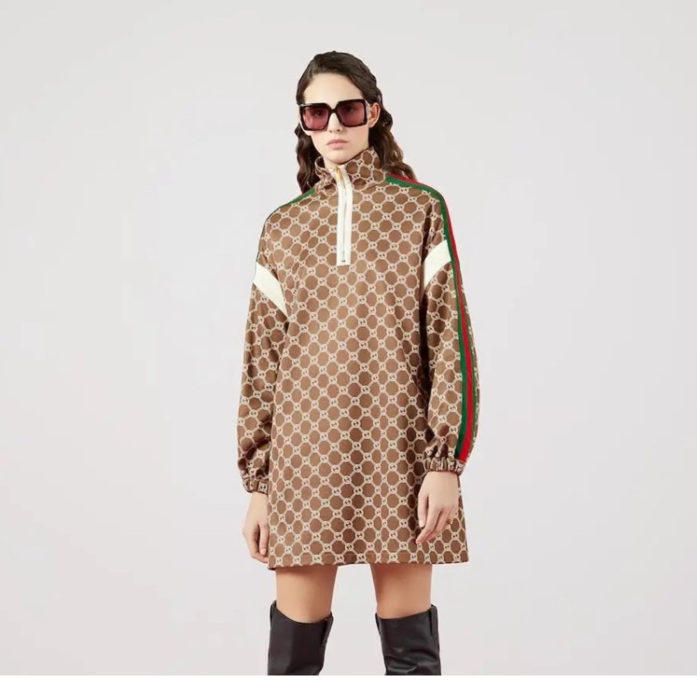 Gucci Brown Monogram Long Sleeve Dress with Green and Red Stripes